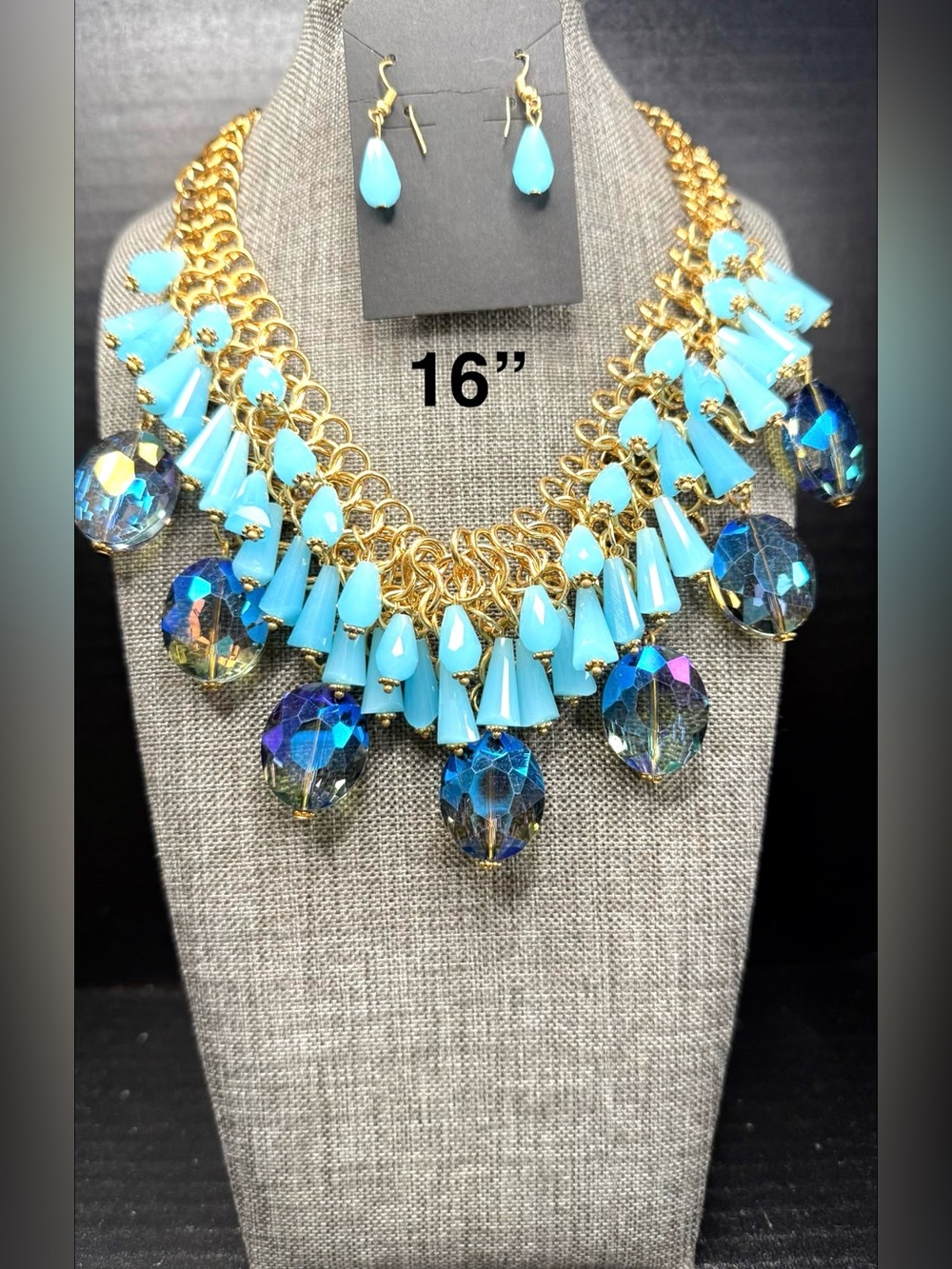 137. Gold Chain Turquoise & Blue Crystal Statement Necklace